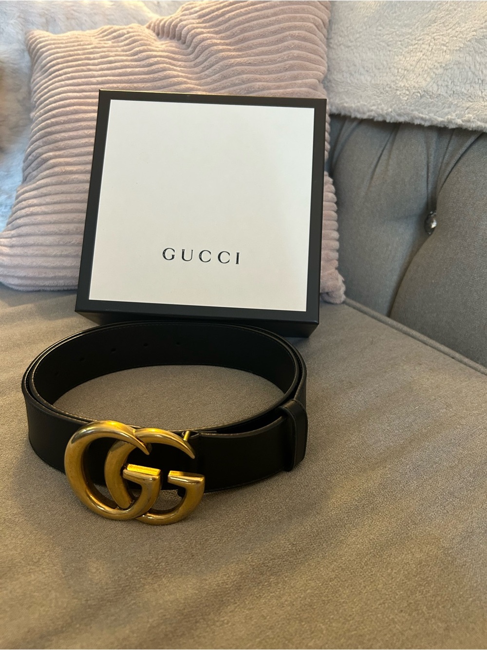 Gucci Black Leather Belt with Double GG Gold-Tone Buckle Accent